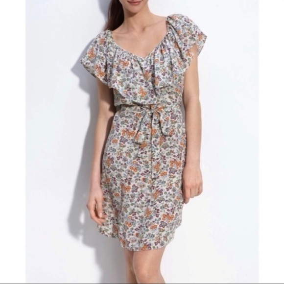 Rebecca Taylor 100% Silk Cream Orange Purple Floral Print Ruffle Mini Dress 10 - Picture 2 of 13